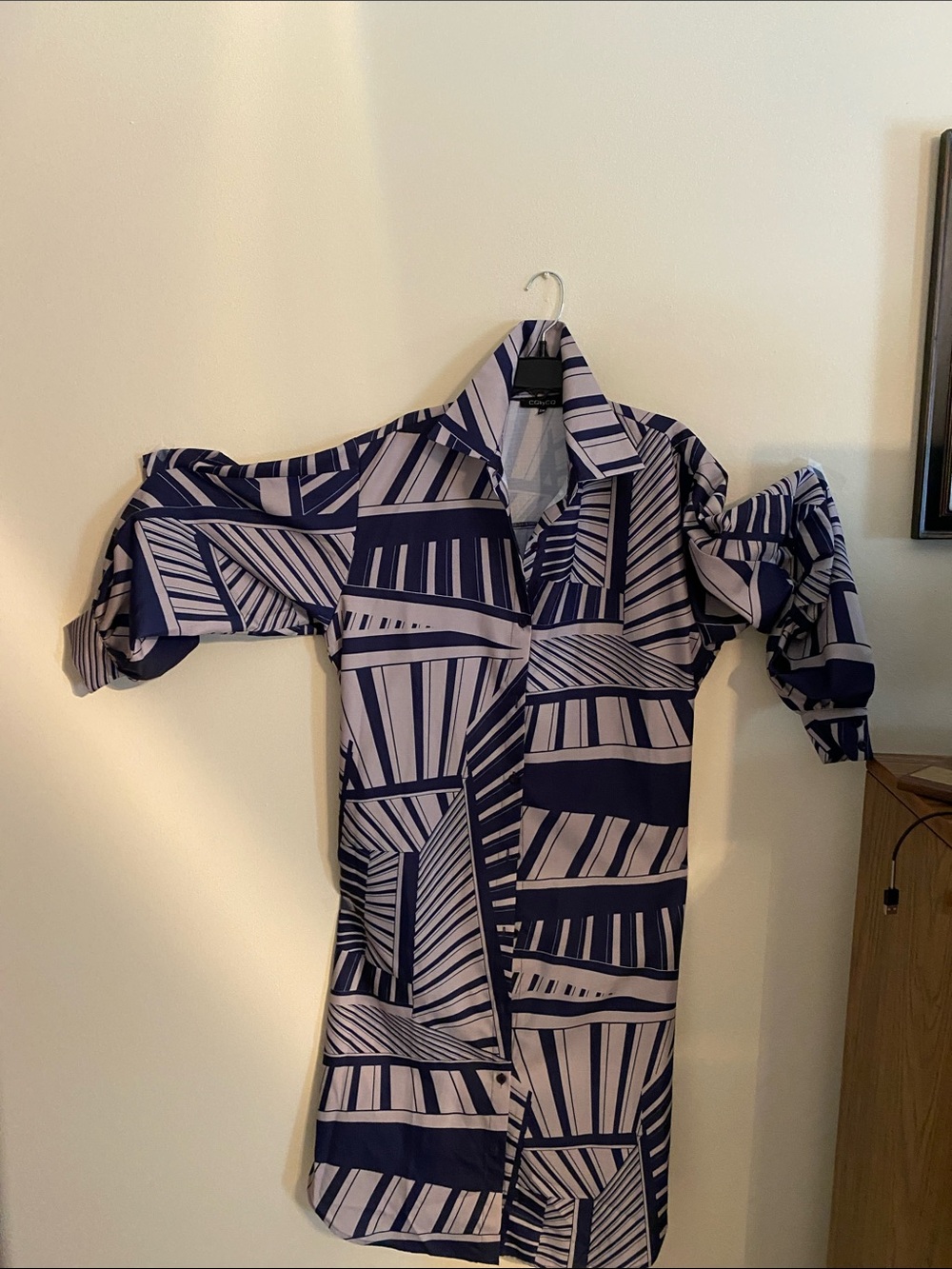 Geometric Navy and White Maxi Shirt Dress